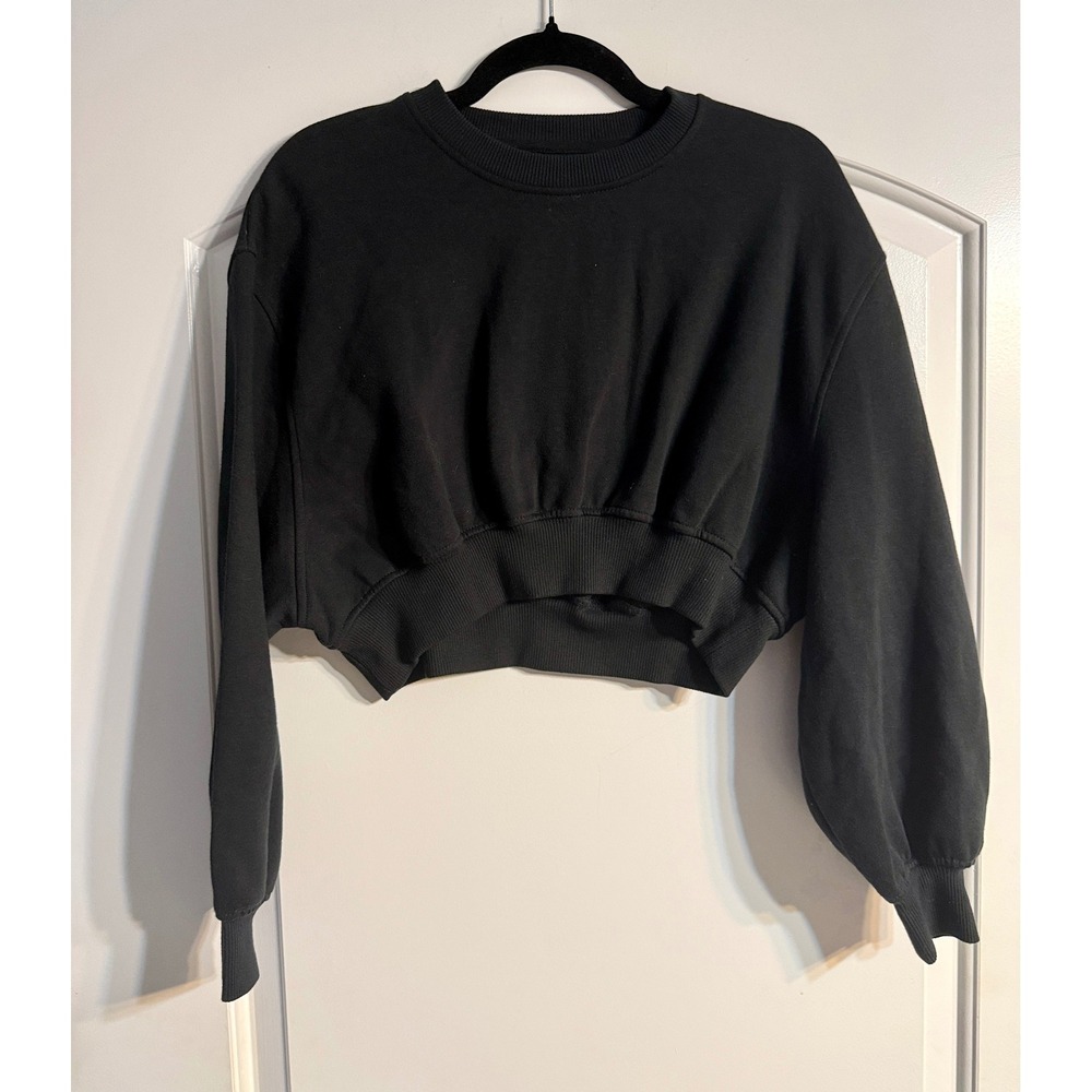 Nordstrom Brand Cropped Sweatshirt M Black Balloon Sleeve Athleisure Streetwear